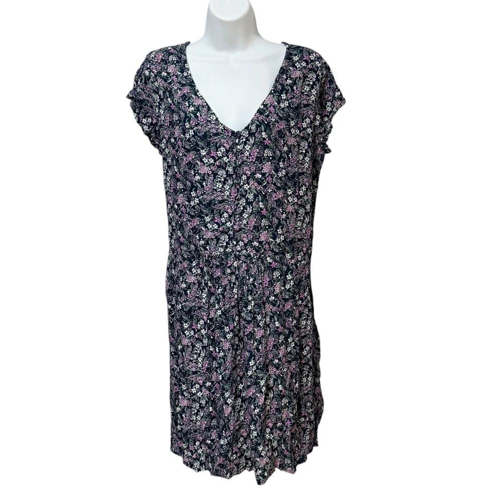 Garnet Hill Floral Lenzing Ecovero Viscose V-Neck Mini Dress Teal Purple Size M
